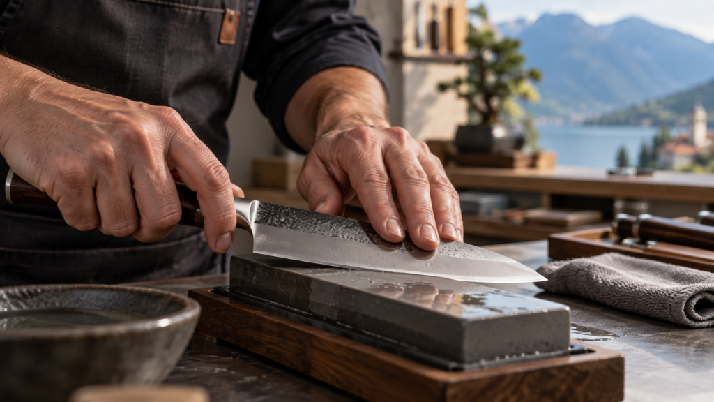Mani che affilano un coltello in un piccolo laboratorio artigianale.